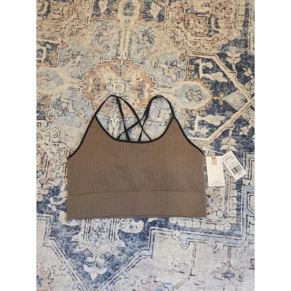 NWT Good American Women's Medium 5/6 Camel Ribbed Crisscross Back Sports Bra